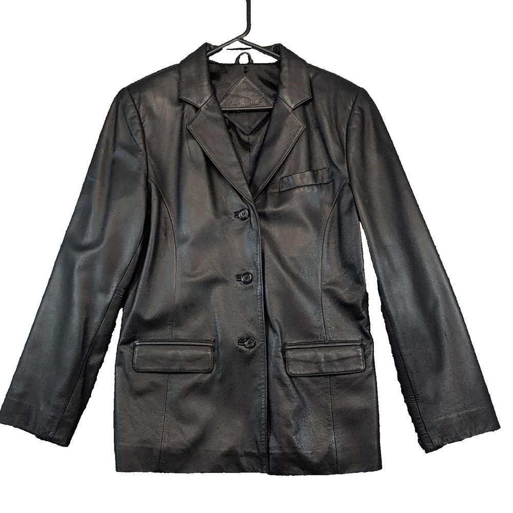 Jacqueline Ferrar Women's Black Genuine Leather Blazer Jacket 3-Button Size 8